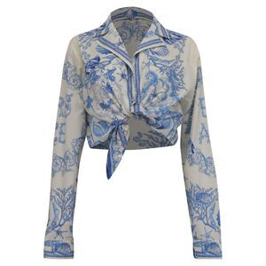 Versace Underwater Barocco Knotted Cropped Top in Blue Cotton